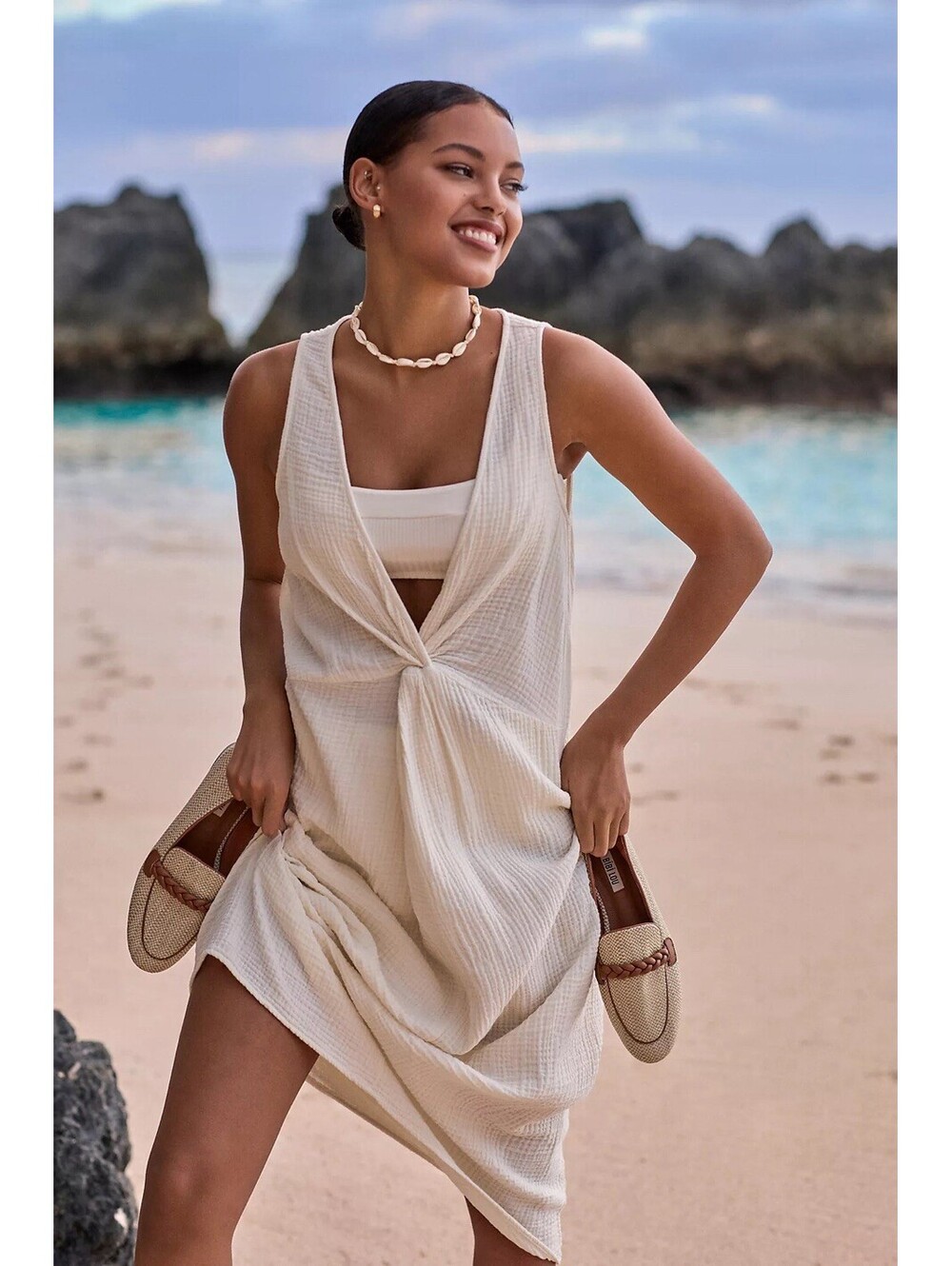 Amadi Anthropologie Women’s Sz Lg Cover-Up Dress Knot Front Midi Gauze Creme